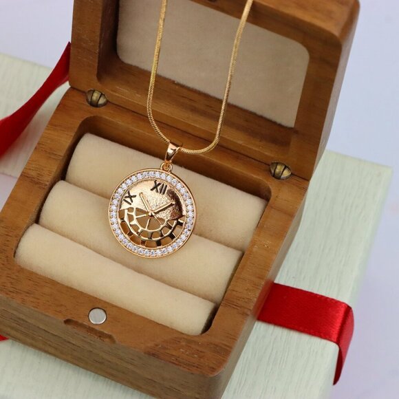 "Rose Gold Clock Face Pendant with Roman Numerals and Iced Border, XPPT1406 - Picture 7 of 12